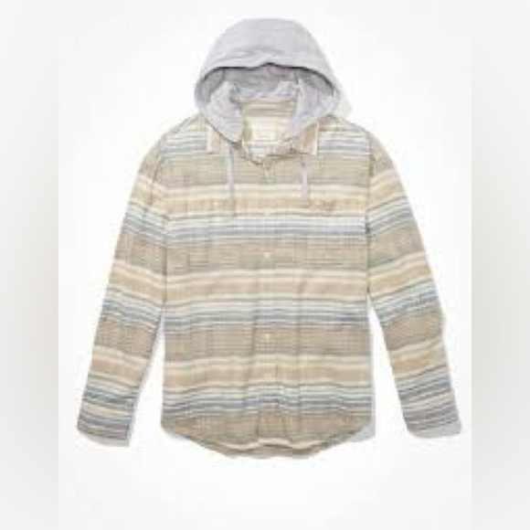 - American Eagle Size Medium Button Up Hooded striped Flannel - Picture 1 of 8